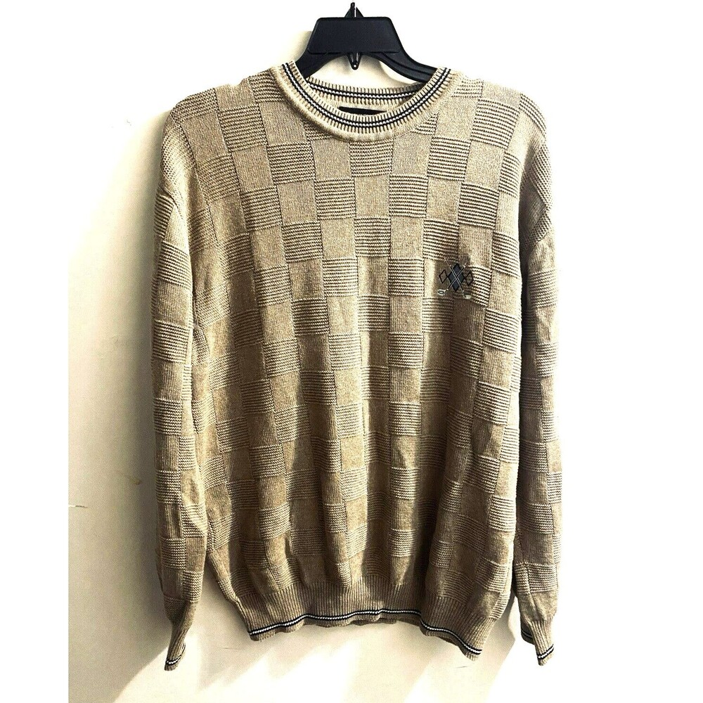 Fairway Outfitters Golf Sweater Men L Brown Textured Checks Golf Club Graphics